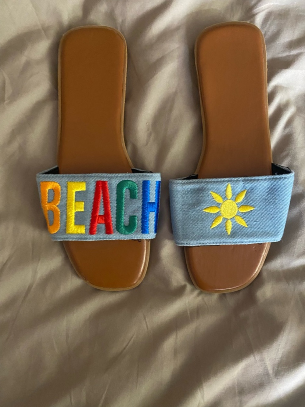 Embroidered 'BEACH' Denim Slide Sandals with Sun Motif